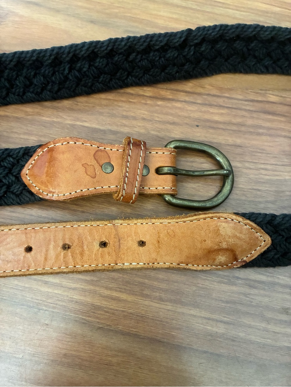 Vintage Black Braided Belt with Tan Leather Accents